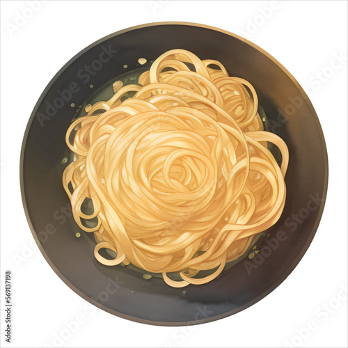 Noodle or Spaghetti Pasta in Bowl or Plate Top View Isolated Detailed Hand Drawn Painting Illustration