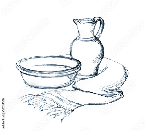 Obraz na plátne Foot washing. Pencil drawing scene
