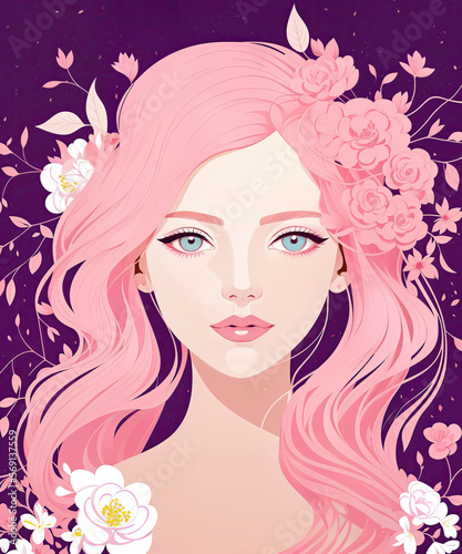 Illustration of a beautiful woman with flowers. Woman s day postcard template. Generative Ai