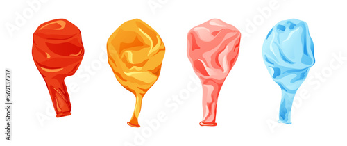 Cartoon inflatable balloon of various shapes and colors. Empty rubber blowing process. Latext uninflated element. Vector illustration on white background