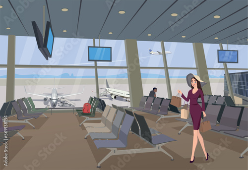 A girl in duty free shopping in the airport terminal. Vector.