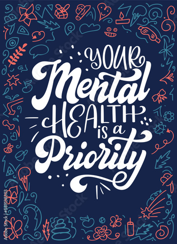 Self care mental heath quote in hand drawn lettering. Unique inspirational text slogan for print, poster, coaching. Vector illustration