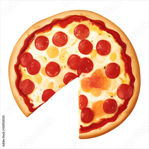 Sliced Pepperoni Cheese Pizza Top View Isolated Detailed Hand Drawn Painting Illustration