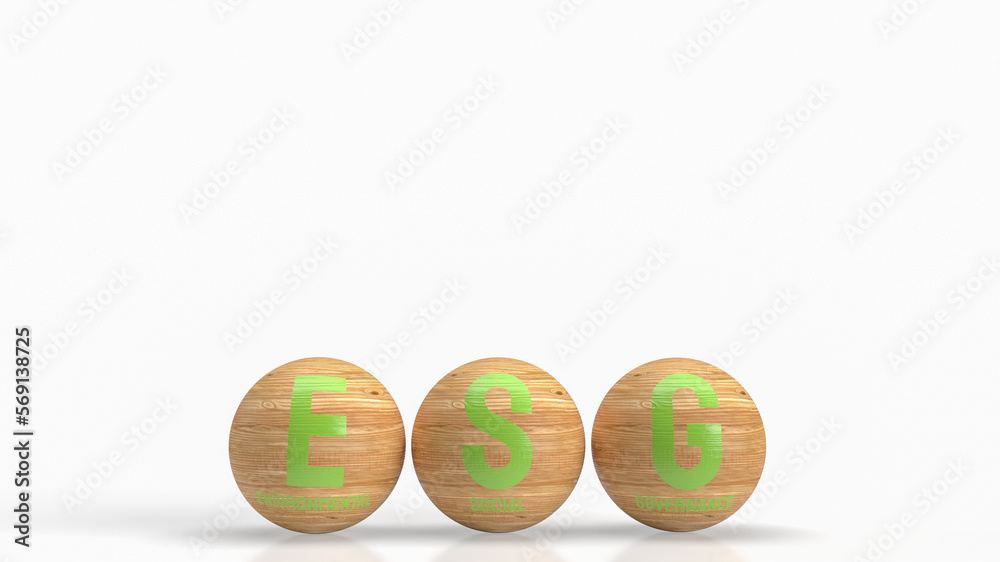 The  green esg on wood ball for eco or environment concept 3d rendering.