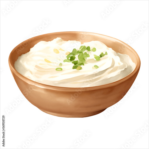Sour Cream with Garnish in Bowl Isolated Detailed Hand Drawn Painting Illustration