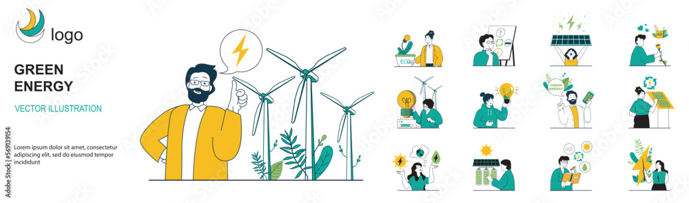 Green energy concept with character situations collection. Bundle of scenes people use alternative energy sources, conserve water and electricity, recycling. Vector illustrations in flat web design - obrazy, fototapety, plakaty 
