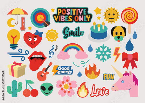 Retro Cartoon Shape Label Collection - A Set of Trendy Vintage Stickers with Colorful Comic Character Art and Quirky Quote Signs