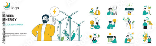 Green energy concept with character situations collection. Bundle of scenes people use alternative energy sources, conserve water and electricity, recycling. Vector illustrations in flat web design