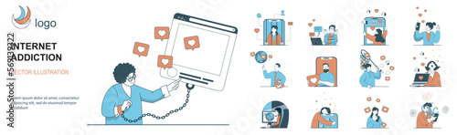 Internet addiction concept with character situations collection. Bundle of scenes people chained to gadgets, excessive internet surfing, bad habit and problems. Vector illustrations in flat web design