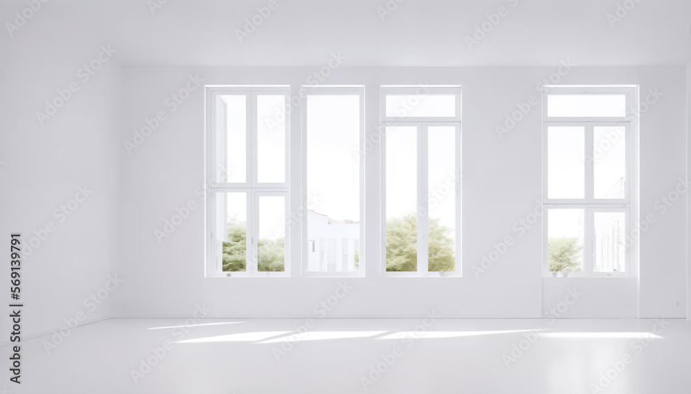 Fototapeta premium White empty blank room with window. Generative Ai