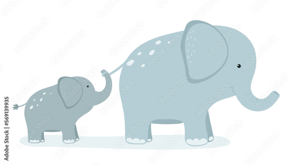 Cute cartoon baby elephant holds the tail of his mom.