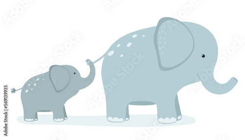 Cute cartoon baby elephant holds the tail of his mom.