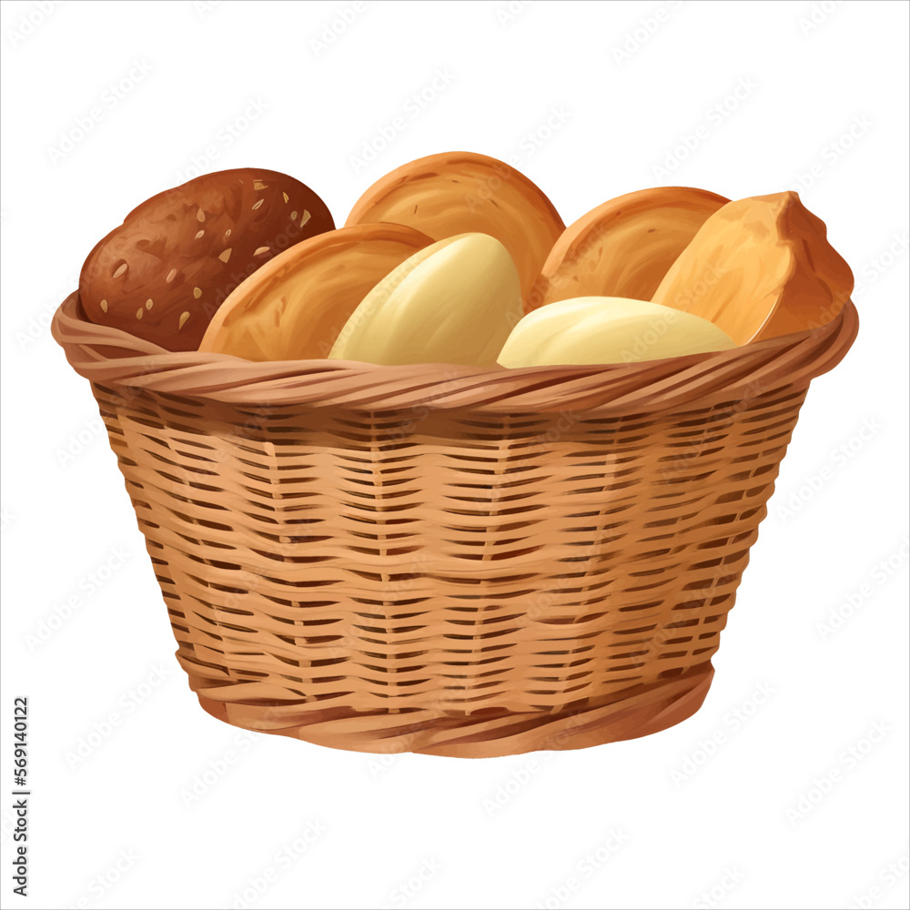 Bakery Breads in Wicker Basket Isolated Detailed Hand Drawn Painting Illustration Bakery Breads in Wicker Basket Isolated Detailed Hand Drawn Painting Illustration