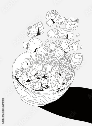 Vegetable and salmon poke bowl . Vector illustration isolated on white background for menu restaurant. 