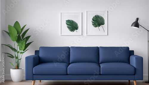 Modern interior living room. Picture frames on the wall. White room with blue sofa, green plant in floor pot. Generative Ai