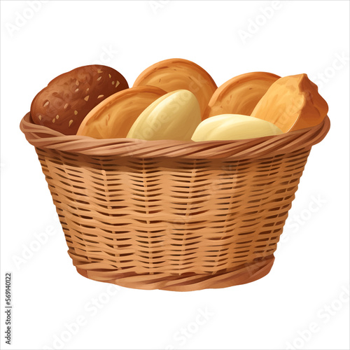 Bakery Breads in Wicker Basket Isolated Detailed Hand Drawn Painting Illustration