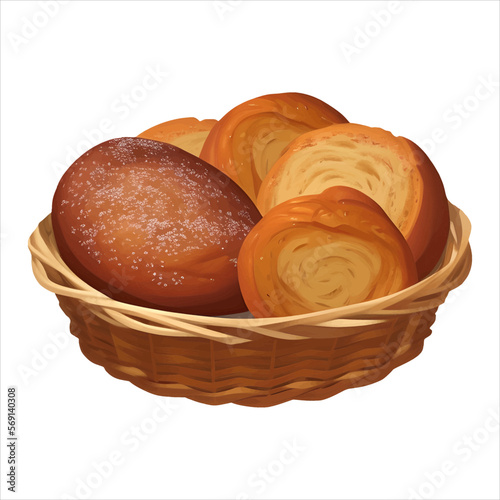 Bakery Breads in Wicker Basket Isolated Detailed Hand Drawn Painting Illustration
