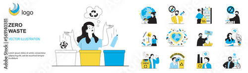 Zero waste concept with character situations collection. Bundle of scenes people lead eco friendly lifestyle, take care of environment, do not use plastic. Vector illustrations in flat web design