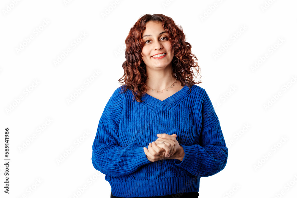 Happy woman wearing pullover sweater standing isolated over white background holding hands together in professional pose and looking at the camera. Smiling friendly. Happy woman wearing pullover sweater standing isolated over white background holding hands together in professional pose and looking at the camera. Smiling friendly.