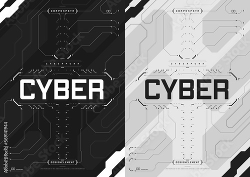 Cyberpunk futuristic poster set. Cyberpunk design for web and print template. Tech flyer with HUD elements collection. Abstract futuristic digital technology design. Virtual environments. Vector