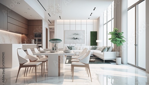 Elegant modern interior condominium with, contemporary Miami style architecture, white finish with wooden details, octane render, 3d, hyper realistic, hyper detail, high quality, detail. Generative AI © andrenascimento