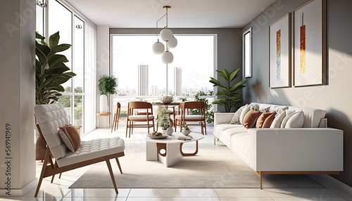 Elegant modern interior condominium with, contemporary Miami style architecture, white finish with wooden details, octane render, 3d, hyper realistic, hyper detail, high quality, detail. Generative AI