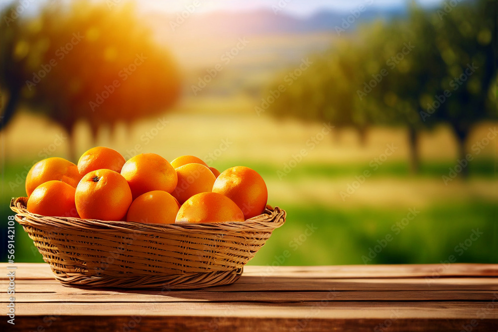 Wooden table and oranges for product and merchandise display created with Generative Ai technology Wooden table and oranges for product and merchandise display created with Generative Ai technology