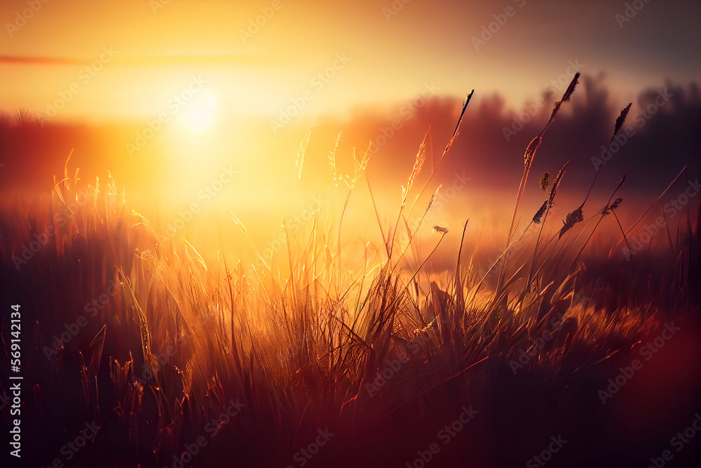 Majestic dawn over a meadow, in warm amber gold tones. Morning grass and rising sun. Created with Generative AI technology.