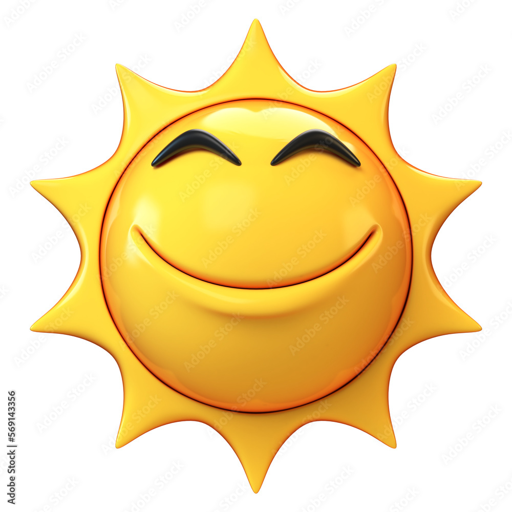 Cartoon sun emoji isolated on white background, sunshine emoticon 3d rendering