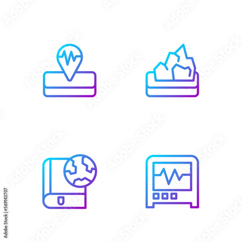 Set line Seismograph, Earth globe and book, Earthquake and Ore mining. Gradient color icons. Vector