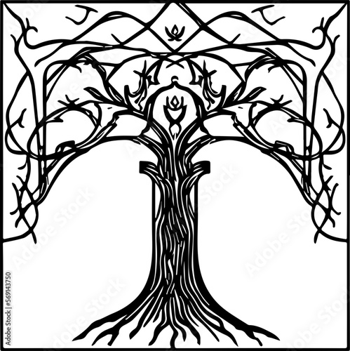 An abstract transparent outline of an art nouveau style tree design element. Vectorized from an ai generation.