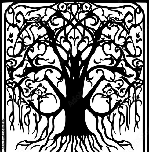 An abstract transparent outline of an art nouveau style tree design element. Vectorized from an ai generation.