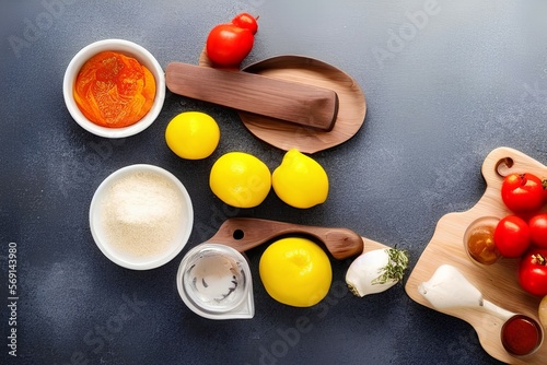 Composition with wooden board and ingredients for cooking on table - generative ai