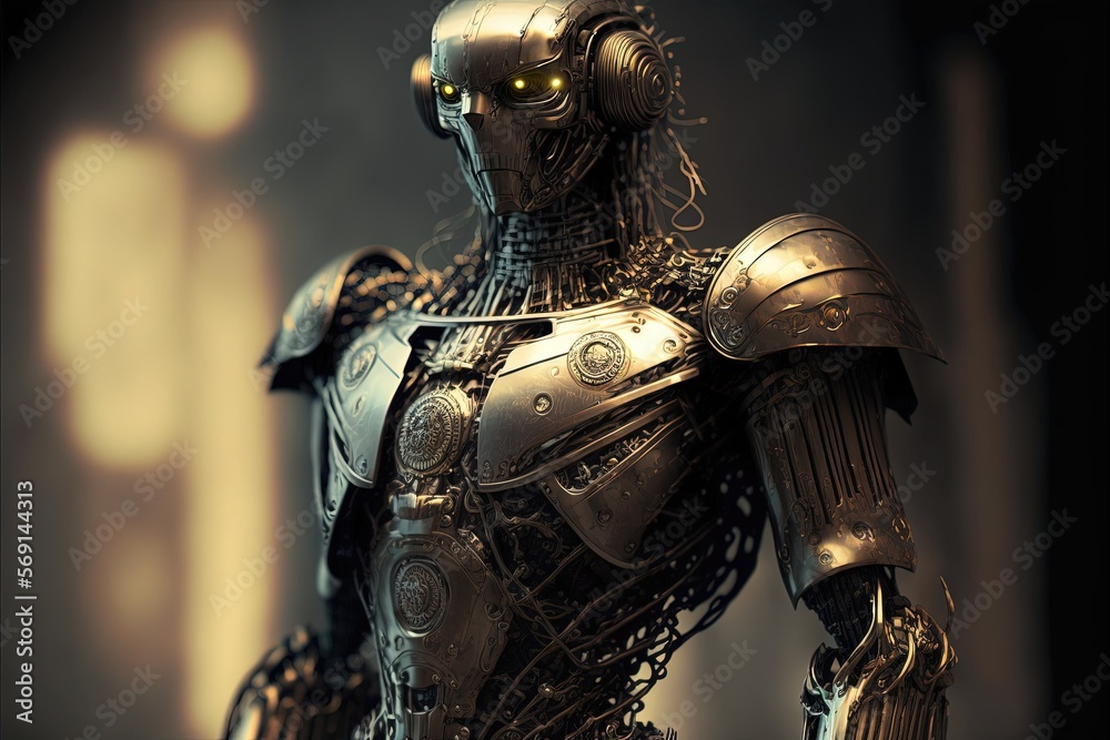 Steel cyborg, high resolution, warm colors, space, battle, human replacement, science, fantasy. game, film, blurred background, scientists, create, invent, fantasy, punk, combat robot, real steel. AI - obrazy, fototapety, plakaty 