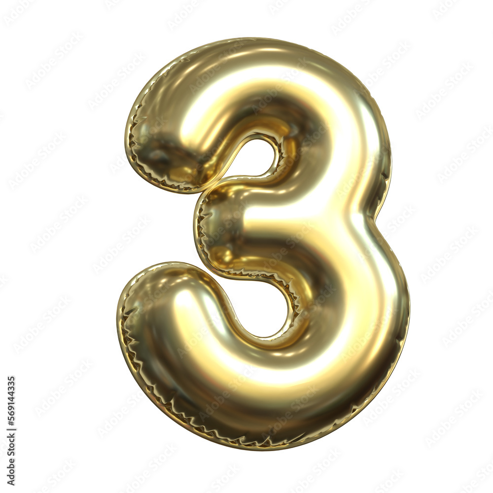 Gold metallic balloon font 3d rendering, number 3 Gold metallic balloon font 3d rendering, number 3