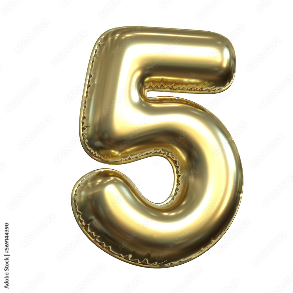 Gold metallic balloon font 3d rendering, number 5 Gold metallic balloon font 3d rendering, number 5