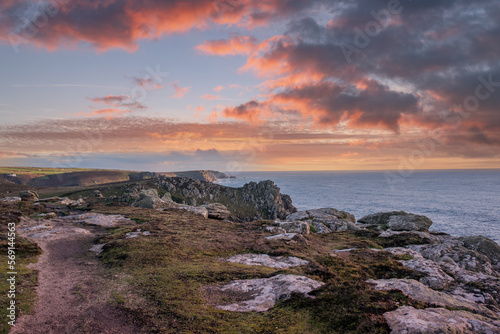 Sunset over Land's End clifftops, Cornwall