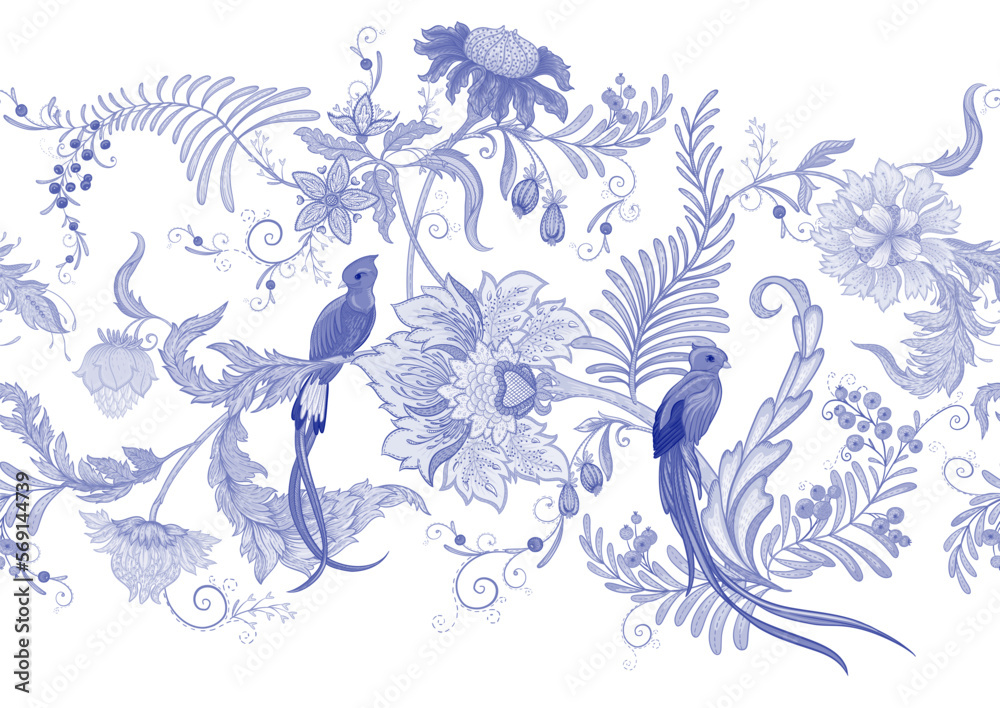 Fantasy flowers with bird of paradise quezal, in retro, vintage, jacobean embroidery style. Seamless border pattern, linear ornament, ribbon Vector illustration. Fantasy flowers with bird of paradise quezal, in retro, vintage, jacobean embroidery style. Seamless border pattern, linear ornament, ribbon Vector illustration.