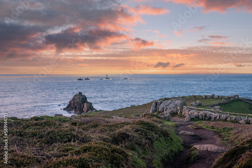 Sunset over Land's End Lighthouse, Cornwall 