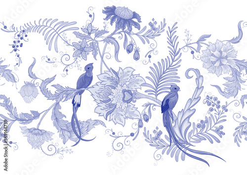 Fantasy flowers with bird of paradise quezal, in retro, vintage, jacobean embroidery style. Seamless border pattern, linear ornament, ribbon Vector illustration.
