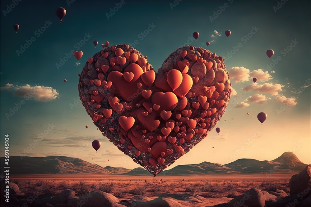 A huge heart of balloons, in a picturesque landscape, clear blue skies