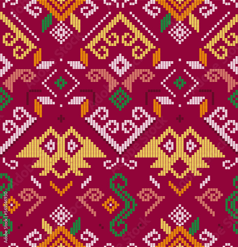 Filipino unique folk art - Yakan cloth inspired vector seamless pattern, retro textile or fabric print design from Philippines on red background
 photo