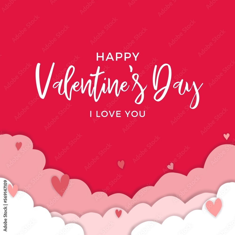 Poster or banner with red background and paper cut clouds. A place for text. Happy Valentine's day sale header or voucher template. Illustration for your project 
