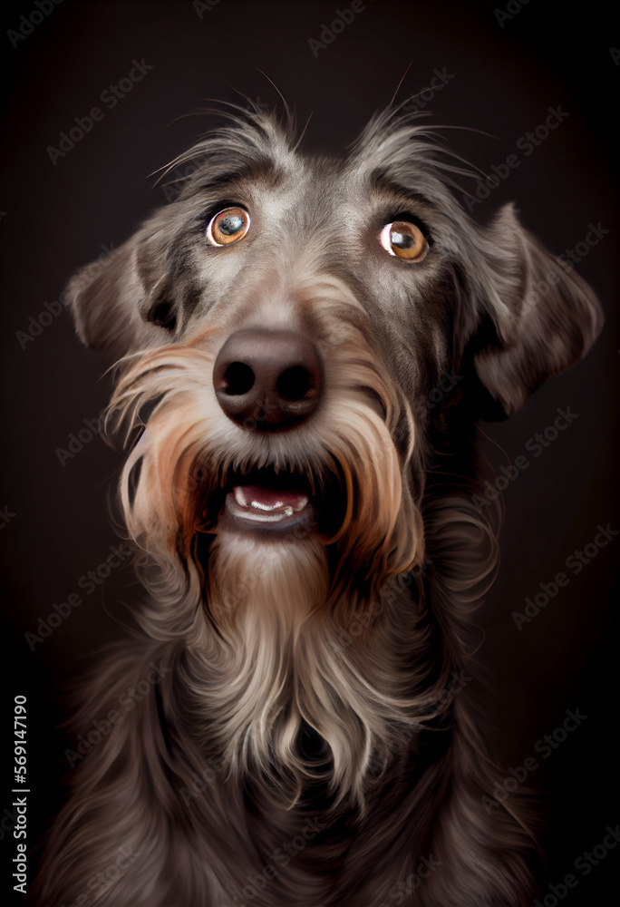 Shocked Irish wolfhound close up portrait.