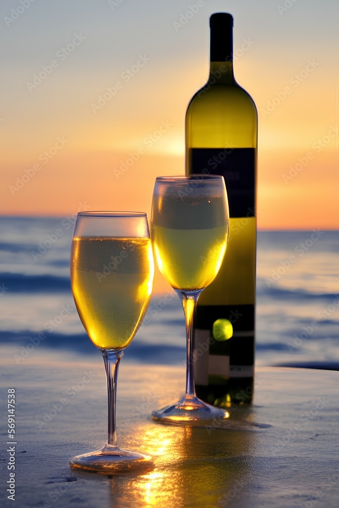 white wine with waves and sunset in the background - generative ai