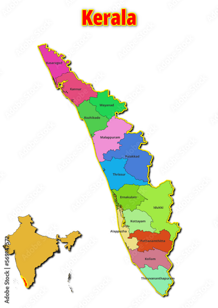 Map of Kerala State with names of regions. Vector illustration of geographical map of Kerala
