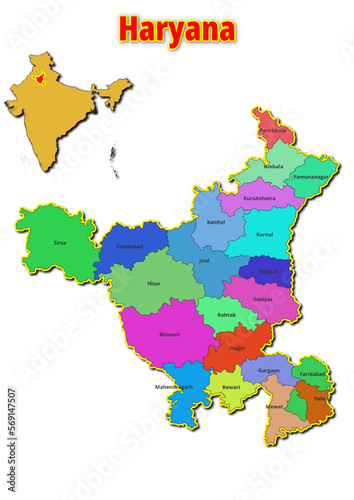 Map of Haryana State with names of regions. Vector illustration of geographical map of Haryana State depicted on the map of India. 