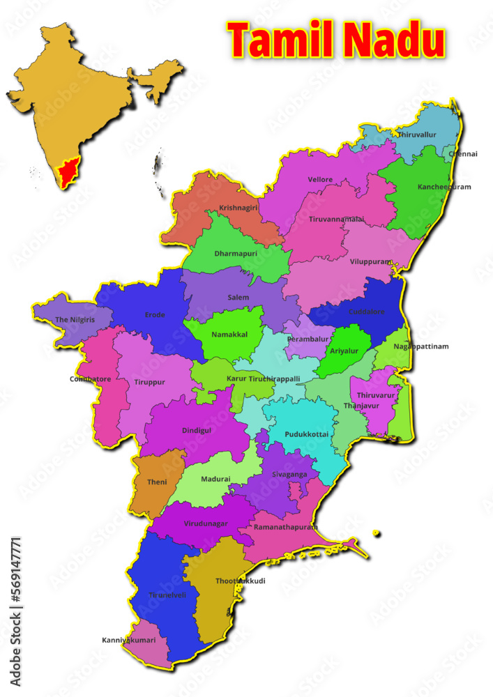 Map of Tamil Nadu State with names of regions. Vector illustration of