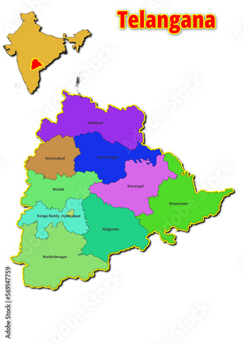 Map of Telangana State with names of regions. Vector illustration of geographical map of Telangana State  depicted on the map of India. 