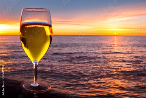 white wine with waves and sunset in the background - generative ai